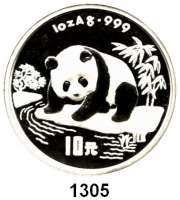 AUSLÄNDISCHE MÜNZEN,China Volksrepublik seit 1949 10 Yuan 1995 (Silberunze).  Panda beim Beobachten eines Flusslaufes.  Schön 778.  KM 723.  In Kapsel.  Verschweißt.