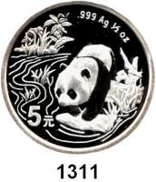 AUSLÄNDISCHE MÜNZEN,China Volksrepublik seit 1949 5 Yuan 1997.  (1/2 Silberunze).  Panda in überfluteter Landschaft  Schön 1000.  KM 993.  In Kapsel.