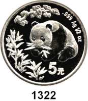 AUSLÄNDISCHE MÜNZEN,China Volksrepublik seit 1949 5 Yuan 1998.  (1/2 Silberunze).  Panda beim Verzehr von Bambus  Schön 1090.  KM 1124.  In Kapsel.