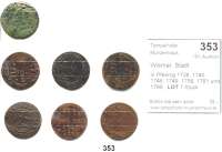 Deutsche Münzen und Medaillen,Wismar, Stadt  III Pfennig 1738, 1740, 1746, 1749, 1759, 1761 und 1799.  LOT 7 Stück.