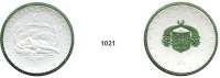 P O R Z E L L A N M Ü N Z E N,Spendenmünzen mit Talerbezeichnung Waldenburg Herbergstaler o.J.(1922) weiß, Rand, Stadtwappen und die beiden Füllhörner mit den Blumen grün.  Jugend - Herberge.