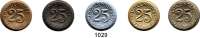 P O R Z E L L A N M Ü N Z E N,Münzen von anderen Deutschen Keramischen Fabriken Stadtlengsfeld 25 Pfennig 1921  braun(3 Farbvarianten), grau und und graublau.  Menzel 23895..  LOT 5 Stück.