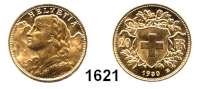 AUSLÄNDISCHE MÜNZEN,Schweiz Eidgenossenschaft 20 Franken 1930 B, Bern  (5,8g fein).  HMZ 1195.  Schön 32.  KM 35.1.  Fb. 499.  GOLD