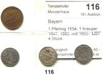 Deutsche Münzen und Medaillen,Bayern LOTS     LOTS     LOTS 1 Pfennig 1854; 1 Kreuzer 1847, 1863 und 1865.  LOT 4 Stück.