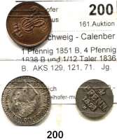 Deutsche Münzen und Medaillen,Braunschweig - Calenberg (Hannover) L O T S     L O T S     L O T S 1 Pfennig 1851 B, 4 Pfennig 1838 B und 1/12 Taler 1836 B.  AKS 129, 121, 71.   Jg. 74, 45, 47.  LOT 3 Stück.
