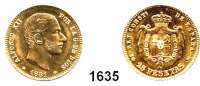 AUSLÄNDISCHE MÜNZEN,Spanien Alfons XII. 1874 - 1885 25 Peseten 1881(81).  (7,25g fein).  Kahnt/Schön 170.  KM 673.  Fb. 342.  GOLD