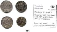 Deutsche Münzen und Medaillen,Preußen, Königreich L O T S     L O T S     L O T S Groschen 1623; 1/48 Taler 1732 EGN und 1/6 Taler 1842 A; beigegeben Magdeburg, Groschen 1624.  LOT 4 Stück.