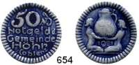 P O R Z E L L A N M Ü N Z E N,Münzen von anderen Deutschen Keramischen Fabriken Höhr 50 Pfennig 1921 grau mit kobaltblauer Glasur.  Menzel 11709.11.