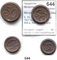 P O R Z E L L A N M Ü N Z E N,Münzen von anderen Deutschen Keramischen Fabriken Bunzlau 5, 10, 25 und 50 Pfennig 1921 braun.  Scheuch 504.a, 506.a, 508.a und 510.a.  Menzel 4020.  SATZ 4 Stück