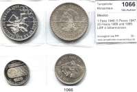 AUSLÄNDISCHE MÜNZEN,Mexiko L O T S     L O T S     L O T S 1 Peso 1948; 5 Pesos 1947; 25 Pesos 1968 und 1985.  LOT 4 Silbermünzen.