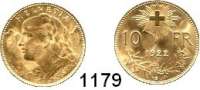 AUSLÄNDISCHE MÜNZEN,Schweiz Eidgenossenschaft 10 Franken 1922  (2,9g fein).  HMZ 1196.  Schön 33.  KM 36.  Fb. 504.  GOLD