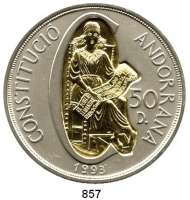 AUSLÄNDISCHE MÜNZEN,Andorra  50 Diners 1994 (5 Unzen Silber mit Inlay aus 916er Gold, 3,6 Gramm).  Schön 111.  KM 104.  Verfassung.  Im Etui.
