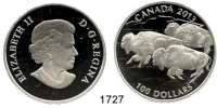 AUSLÄNDISCHE MÜNZEN,Kanada Elisabeth II. 1952 - 100 Dollars 2013.  Bison Stampede.  KM 1441.  Im Originaletui mit Zertifikat.