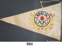 M E D A I L L E N,Olympiade Berlin 1936 Wimpel (Leinen, mehrfarbig bestickt).  24/1 x 36 cm.