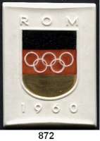 M E D A I L L E N,Olympiade Rom 1960 Weiße Porzellanplakette 1960, Manufaktur Meißen.  (Schild schwarz/rot/gold).  Auf die gemeinsame Deutsche Olympiamannschaft.  64 x 48 mm.  Katalog Scheuch 2231.q.  Im Originaletui mit goldenen Olympiaringen.