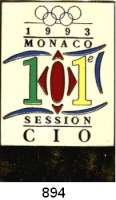 M E D A I L L E N,Olympiade 1 9 9 3 Mehrfarbiges Abzeichen Teilnehmerabzeichen 1993.  Auf die 101. Session des CIO (IOC) in Monaco.  54 x 35 mm.  Rs. Nadel.  Im Originaletui.