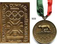 M E D A I L L E N,Olympiade A L L G E M E I N LOT von 4 Medaillen/Plaketten auf Olympia-Briefmarkenausstellungen (3x mit Abb. der Olimpischen Ringe).  1984 Rumänien 71 x 51 mm; 1987 Italien/Rom 40 mm am Band im Originaletui; 1990 Bulgarien/Varna 30 mm und 1998 Ungarn/Budapest 60 mm.