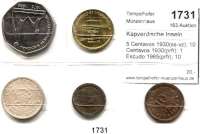AUSLÄNDISCHE MÜNZEN,Kapverdische Inseln  5 Centavos 1930(ss-vz); 10 Centavos 1930(prfr); 1 Escudo 1985(prfr); 10 Escudos 1953(vz-prfr) und 200 Escudos 1995(prfr).  LOT 5 Stück.