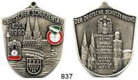 M E D A I L L E N,Schützen Köln Schildförmige Weißmetall Plakette 1990 (Wappen farbig).  Deutscher Schützentag Köln 1990.  47 x 39 mm.  21,93 g.