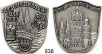 M E D A I L L E N,Schützen Köln Schildförmige Weißmetall Plakette 1990.  Deutscher Schützentag Köln 1990.  47 x 39 mm.  25,02 g.