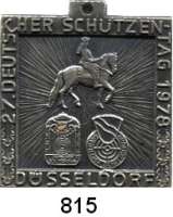 M E D A I L L E N,Schützen Düsseldorf Einseitige versilberte Bronzeplakette 1978.  27. Deutscher Schützentag.  36 x 33 mm.  15,6 g.  Mit Originalöse.