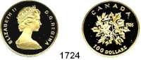 AUSLÄNDISCHE MÜNZEN,Kanada Elisabeth II. 1952 - 100 Dollars 1986.  (15,56g fein).  Jahr des Friedens.  Schön 145.  KM 152.  Fb. 17.  GOLD