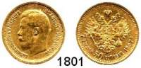 AUSLÄNDISCHE MÜNZEN,Russland Nikolaus II. 1894 - 1917 7 1/2 Rubel 1897, St. Petersburg.  (5,8g fein).  Bitkin 17.  Kahnt/Schön 15.  Y 63.  Fb. 178.  GOLD