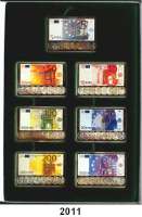 P A P I E R G E L D,BUNDESREPUBLIK DEUTSCHLAND Etui mit 7 Silberbarren (1 Unze Feinsilber 999,9). Die neue Währung für Europa. Die Silberbarren der sieben Euro-Banknoten. Je Barren Farbreproduktion der Banknoten. 35 x 52 mm.