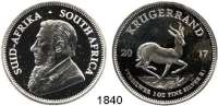 AUSLÄNDISCHE MÜNZEN,Südafrika  1 Silberunze Krugerrand 2017.  50 Jahre Krugerrand.  Im Originaletui mit Zertifikat.