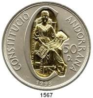 AUSLÄNDISCHE MÜNZEN,Andorra  50 Diners 1993 (5 Unzen Silber mit Inlay aus 916er Gold, 3,6 Gramm).  Verfassung.  Schön 111.  KM 104.  Im Originaletui mit Zertifikat.