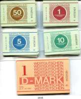 P A P I E R G E L D,D D R Gefängnisgeld 1, 5, 10, 50 Pfennig, 1 D-Mark 1.7.1990. Serie B. Jeweils 20 Scheine mit meist fortlaufender Nummerierung. Ros. MDI-34, 35, 36, 37, 38. LOT 100 Scheine.
