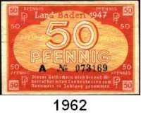 P A P I E R G E L D,Kleingeldscheine der Landesregierungen Baden - Staatsschuldenverwaltung 5, 10(2), 50 Pfennig 1947.  Ros FBZ-1 b, 2 c, 2 d, 3.  LOT 4 Scheine.