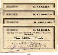 P A P I E R G E L D - N O T G E L D,Bayern Passau Bayerische Vereinsbank, Filiale Passau. 1 Million Mark, 2, 3, 5 Millionen Mark August 1923. Keller 4248.c. LOT 4 Scheine.