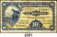 P A P I E R G E L D,AUSLÄNDISCHES PAPIERGELD Gibraltar 10 Shillings 3.10.1958. Pick 17.