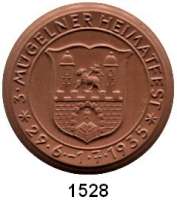 MEDAILLEN AUS PORZELLAN,Andere Hersteller Ofenfabrik Mügeln Braune Medaille 1935.  3. Mügelner Heimatfest.  40 mm.  Nadel rückseitig entfernt..