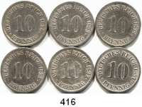 R E I C H S M Ü N Z E N,Kleinmünzen  10 Pfennig 1892 G; 1893 E, G; 1897 G; 1898 G und 1899 G.  LOT 6 Stück.  Jaeger 13.