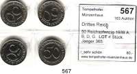 R E I C H S M Ü N Z E N,Drittes Reich  50 Reichspfennig 1939 A, B, D, G.  LOT 4 Stück.  Jaeger 365.