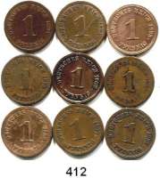 R E I C H S M Ü N Z E N,Kleinmünzen  1 Pfennig 1891 D, J; 93 E, F, G; 95 D; 97 F, G und 1902 G.  LOT 9 Stück.  Jaeger 10.