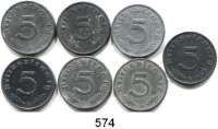 R E I C H S M Ü N Z E N,Drittes Reich  5 Reichspfennig 1942 D, E, G; 1943 D; 1944 A, E, F.  LOT 7 Stück.  Jaeger 370.