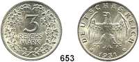 R E I C H S M Ü N Z E N,Weimarer Republik  3 Reichsmark 1931 F.  Jaeger 349.  Kursmünze.