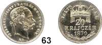 Österreich - Ungarn,Habsburg - Lothringen Franz Josef I. 1848 - 1916 20 Krajczar 1870 KB, Kremnitz.  Off. Neuprägung.  Vgl. Frühwald 1806.