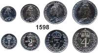 AUSLÄNDISCHE MÜNZEN,Großbritannien Viktoria 1837 - 1901 Maundy-Set 1891.  1, 2, 3 und 4 Pence.  Seaby 3932.  Kahnt/Schön 122,  KM MDS 147. SATZ. 4 Stück.  Im Originaletui.