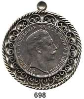 R E I C H S M Ü N Z E N,Münzschmuck  Preußen, 3 Mark 1908 (Jaeger 103) in dekorativer Zierfassung mit Öse.  47,4 mm.   24,5 g.