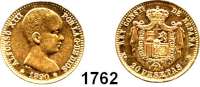 AUSLÄNDISCHE MÜNZEN,Spanien Alfons XIII 1886 - 1931 20 Peseten 1890(90) MPM, Madrid.  (5,8g fein).  Cayón 17652.  Schön 176.  KM 693.  Fb. 345.  GOLD.