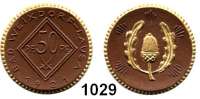 P O R Z E L L A N M Ü N Z E N,S T Ä D T E M Ü N Z E N Weixdorf-Lausa 50 Pfennig 1921 braun, Rand und Eichel mit den beiden Eichenblättern gold.  Menzel 26467.8.