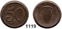 P O R Z E L L A N M Ü N Z E N,Münzen von anderen Deutschen Keramischen Fabriken Bunzlau 50 Pfennig 1921 braun.  Ohne Perlkreis !!  Menzel 4020.11.  Selten.  Nicht im Scheuch gelistet.
