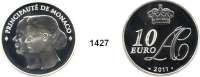 AUSLÄNDISCHE MÜNZEN,E U R O  -  P R Ä G U N G E N Monaco 10 Euro 2011.  Hochzeit von Fürst Albert II. und Charlene Wittstock.  Schön 80.  KM 201.  Im Originaletui mit Zertifikat.