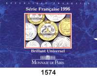 AUSLÄNDISCHE MÜNZEN,Frankreich 5. Republik seit 1958 Kurssatz 1996 (10 Werte).  1 Centime bis 20 Francs.  KM MS 11.