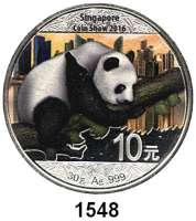 AUSLÄNDISCHE MÜNZEN,China Volksrepublik seit 1949 10 Yuan 2016 (Farbmünze).  Panda auf Ast.  Singapore Coin Show.