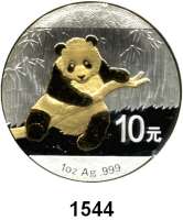 AUSLÄNDISCHE MÜNZEN,China Volksrepublik seit 1949 10 Yuan 2014 (Silberunze, Motivteile vergoldet).  Panda mit Zweig.